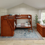 QUARTILE XL CP : Multiple Bunk Beds Twin XL High Corner Bunk with Angled Ladder and Stairs on Left, Panel, Chestnut