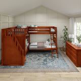 QUARTILE XL CS : Multiple Bunk Beds Twin XL High Corner Bunk with Angled Ladder and Stairs on Left, Slat, Chestnut