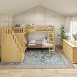 QUARTILE XL NS : Multiple Bunk Beds Twin XL High Corner Bunk with Angled Ladder and Stairs on Left, Slat, Natural