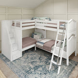 QUARTILE XL WC : Multiple Bunk Beds Twin XL High Corner Bunk with Angled Ladder and Stairs on Left, Curved, White