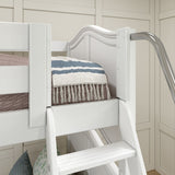 QUARTILE XL WC : Multiple Bunk Beds Twin XL High Corner Bunk with Angled Ladder and Stairs on Left, Curved, White