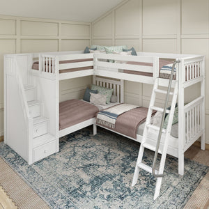 QUARTILE XL CS : Quad Corner Bunk Twin XL High Quad Corner Bunk with Stairs + Angled Ladder on Right Front, Chestnut Slats