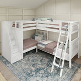 QUARTILE XL WS : Multiple Bunk Beds Twin XL High Corner Bunk with Angled Ladder and Stairs on Left, Slat, White