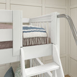 QUARTILE XL WS : Multiple Bunk Beds Twin XL High Corner Bunk with Angled Ladder and Stairs on Left, Slat, White