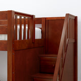 STACKER XL CP : Staircase Bunk Beds Twin XL Low Bunk Bed with Stairs, Panel, Chestnut