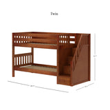 STACKER XL CS : Staircase Bunk Beds Twin XL Low Bunk Bed with Stairs, Slat, Chestnut