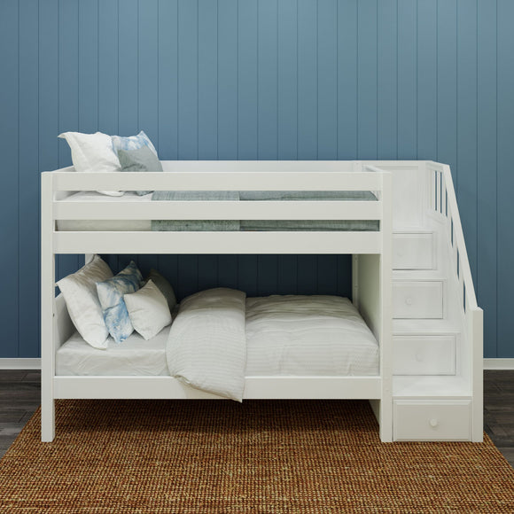 STACKER XL WP : Classic Bunk Beds Twin XL Low Bunk Bed with Stairs, Panel, White