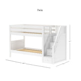 STACKER XL WP : Staircase Bunk Beds Twin XL Low Bunk Bed with Stairs, Panel, White