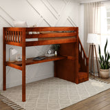 STAR11 CS : Study Loft Beds Twin High Loft Bed with Stairs + Desk, Slat, Chestnut