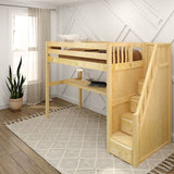 STAR11 NP : Study Loft Beds High Loft Staircase Bed with Long Desk, Twin, Panel, Natural