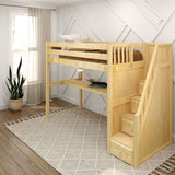 STAR11 NS : Study Loft Beds Twin High Loft Bed with Stairs + Desk, Slat, Natural