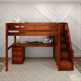 STAR12 CP : Study Loft Beds High Loft Staircase Bed with Long Desk & 3 1/2 Drawer Dresser, Twin, Panel, Chestnut