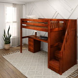 STAR12 CP : Study Loft Beds High Loft Staircase Bed with Long Desk & 3 1/2 Drawer Dresser, Twin, Panel, Chestnut