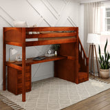 STAR12 CP : Study Loft Beds High Loft Staircase Bed with Long Desk & 3 1/2 Drawer Dresser, Twin, Panel, Chestnut