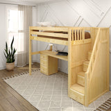 STAR12 NP : Study Loft Beds High Loft Staircase Bed with Long Desk & 3 1/2 Drawer Dresser, Twin, Panel, Natural