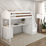 STAR12 WC : Study Loft Beds Twin High Loft Bed with Stairs + Desk, Curved, White