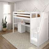 STAR12 WP : Study Loft Beds High Loft Staircase Bed with Long Desk & 3 1/2 Drawer Dresser, Twin, Panel, White