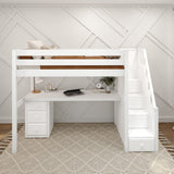 STAR12 WP : Study Loft Beds High Loft Staircase Bed with Long Desk & 3 1/2 Drawer Dresser, Twin, Panel, White