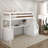 STAR12 WS : Study Loft Beds Twin High Loft Bed with Stairs + Desk, Slat, White