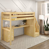 STAR12 XL NS : Storage & Study Loft Beds Twin XL High Loft Bed with Stairs + Desk, Slat, Natural