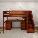 STAR13 CP : Study Loft Beds High Loft Staircase Bed with Long Desk & 2x 3 1/2 Drawer Dresser, Twin, Panel, Chestnut