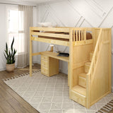 STAR13 NP : Study Loft Beds High Loft Staircase Bed with Long Desk & 2x 3 1/2 Drawer Dresser, Twin, Panel, Natural