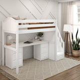 STAR13 WC : Study Loft Beds Twin High Loft Bed with Stairs + Desk, Curved, White