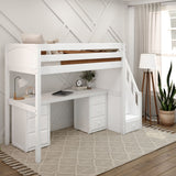 STAR13 WP : Study Loft Beds High Loft Staircase Bed with Long Desk & 2x 3 1/2 Drawer Dresser, Twin, Panel, White