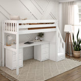 STAR13 WS : Study Loft Beds Twin High Loft Bed with Stairs + Desk, Slat, White