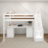 STAR13 XL WC : Storage & Study Loft Beds Twin XL High Loft Bed with Stairs + Desk, Curved, White