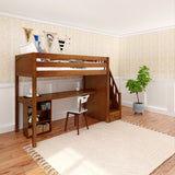 STAR18 XL CP : Storage & Study Loft Beds Twin XL High Loft w/staircase, long desk, 22.5" low bookcase, Panel, Chestnut