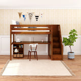 STAR18 XL CS : Storage & Study Loft Beds Twin XL High Loft w/staircase, long desk, 22.5" low bookcase, Slat, Chestnut