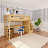 STAR18 XL NS : Storage & Study Loft Beds Twin XL High Loft w/staircase, long desk, 22.5" low bookcase, Slat, Natural