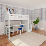 STAR18 XL WC : Storage & Study Loft Beds Twin XL High Loft w/staircase, long desk, 22.5" low bookcase, Curve, White