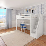 STAR18 XL WP : Storage & Study Loft Beds Twin XL High Loft w/staircase, long desk, 22.5" low bookcase, Panel, White