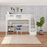 STAR18 XL WS : Storage & Study Loft Beds Twin XL High Loft w/staircase, long desk, 22.5" low bookcase, Slat, White