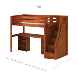 STAR19 CP : Storage & Study Loft Beds Twin High Loft w/staircase, long desk, 22.5" low bookcase, 3 drawer nightstand, Panel, Chestnut