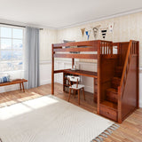 STAR19 CP : Storage & Study Loft Beds Twin High Loft w/staircase, long desk, 22.5" low bookcase, 3 drawer nightstand, Panel, Chestnut