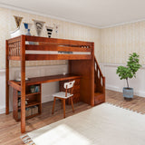 STAR19 CS : Storage & Study Loft Beds Twin High Loft w/staircase, long desk, 22.5" low bookcase, 3 drawer nightstand, Slat, Chestnut