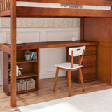 STAR19 CS : Storage & Study Loft Beds Twin High Loft w/staircase, long desk, 22.5" low bookcase, 3 drawer nightstand, Slat, Chestnut