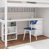 STAR19 WC : Storage & Study Loft Beds Twin High Loft w/staircase, long desk, 22.5" low bookcase, 3 drawer nightstand, Curve, White