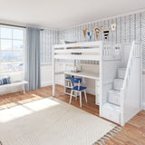 STAR19 WC : Storage & Study Loft Beds Twin High Loft w/staircase, long desk, 22.5" low bookcase, 3 drawer nightstand, Curve, White
