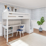 STAR19 WP : Storage & Study Loft Beds Twin High Loft w/staircase, long desk, 22.5" low bookcase, 3 drawer nightstand, Panel, White