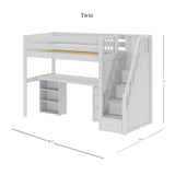 STAR19 WP : Storage & Study Loft Beds Twin High Loft w/staircase, long desk, 22.5" low bookcase, 3 drawer nightstand, Panel, White