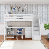 STAR19 WS : Storage & Study Loft Beds Twin High Loft w/staircase, long desk, 22.5" low bookcase, 3 drawer nightstand, Slat, White