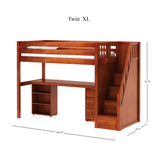 STAR19 XL CP : Storage & Study Loft Beds Twin XL High Loft w/staircase, long desk, 22.5" low bookcase, 3 drawer nightstand, Panel, Chestnut