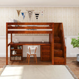 STAR19 XL CS : Storage & Study Loft Beds Twin XL High Loft w/staircase, long desk, 22.5" low bookcase, 3 drawer nightstand, Slat, Chestnut