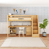 STAR19 XL NP : Storage & Study Loft Beds Twin XL High Loft w/staircase, long desk, 22.5" low bookcase, 3 drawer nightstand, Panel, Natural