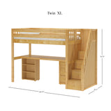 STAR19 XL NS : Storage & Study Loft Beds Twin XL High Loft w/staircase, long desk, 22.5" low bookcase, 3 drawer nightstand, Slat, Natural