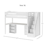 STAR19 XL WC : Storage & Study Loft Beds Twin XL High Loft w/staircase, long desk, 22.5" low bookcase, 3 drawer nightstand, Curve, White